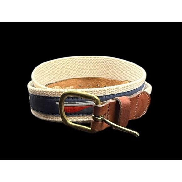 Leather Man Ltd. Belt Mens Size 42 Navy Leather Brass Buckle Woven Sailboat - Picture 3 of 16
